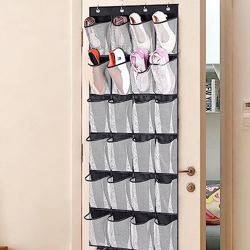 Omevett Over the Door Shoe Storage Organiser Hanging over Door Shoe Rack Holder with 24 Large Mesh Pockets Hanging Shoe Organizer for Kitchen, Be