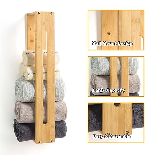 HYNAWIN Bathroom Wall Towel Rack Bamboo Bath Towel Holder for Towel Storage Wall Design Storage Organizer for Large Towels, Small Towels, Hand To