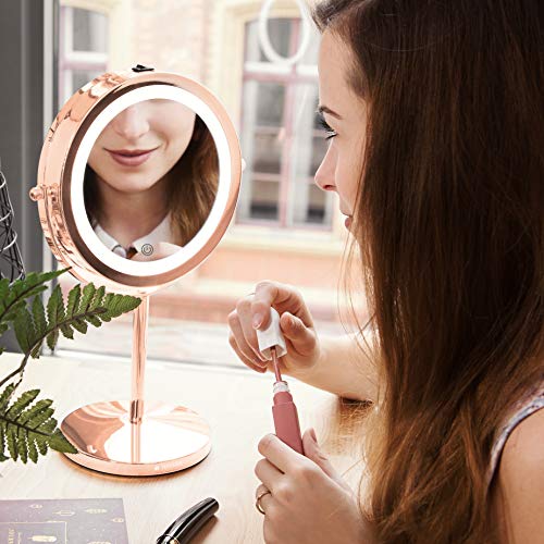 Navaris LED Illuminated Makeup Mirror - Two-Sided Vanity Mirror with Normal and 5x Magnification - 360° Cosmetic Mirror with Touch Screen - Coppe