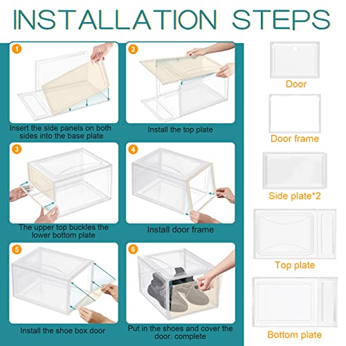 KEESIN 4 Pack Shoe Box Transparent Stackable Plastic Drop Shoe Storage Box with Magnetic Lids Vent Opening Hole,for Women/Men (36x27.5x21CM, Tran