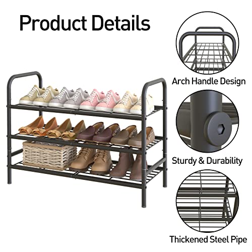 Huhote Shoe Rack 3 Tiers Iron Mesh Freestanding Shoe Organizer Storage Shelf, Storage Rack Space Saving Shoe Stand Black Metal Shoe Shelf Garage