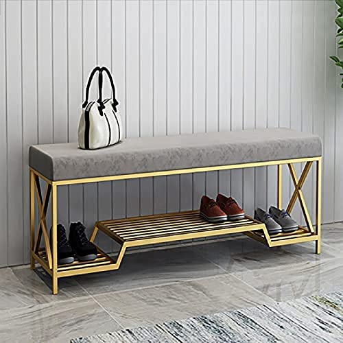 Luxurious Shoe Bench With Golden Shoe Shelf,Velvet Upholstered Shoe Rack Bench Shoe Organizer,Entryway Bench,Pink,100X35X45Cm(39X14X18Inch)