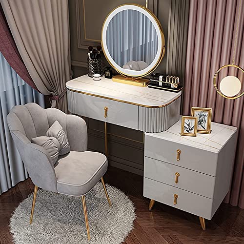 GORKEM Dressing table with LED 3-color lighted mirror Lighted dressing table and sideboard with 3 drawers Ladies and girls dressing table with ot