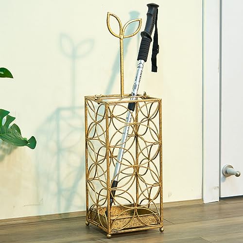 SMQLJXC Metal Umbrella Rack Stand,Umbrella holder for entryway,umbrella holder indoor,With Handle and Drip Tray,Home Office Decor(Antique Gold)