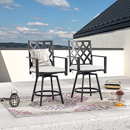 LOKATSE HOME Patio Outdoor Metal Bar Height Swivel Chairs Armrest Set of 2 for Garden Lawn Backyard, Beige