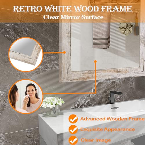 MIZEEYE Wall Mirror Decorative for Farmhouse, White Wood Frame Mirror for Wall, Rectangular Hanging Mirror for Bathroom, Bedroom, Living Room, Ha