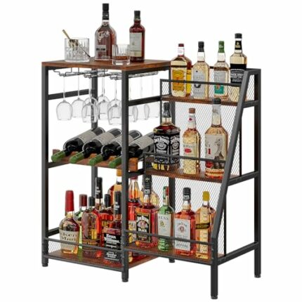 Caiweitenga Wine Rack Freestanding Floor,Bar Cabinet 9 Glasses Holders,3 Tiers Wine Bottle Storage,Liquor Storage Shelf, Wine Display Organizer H
