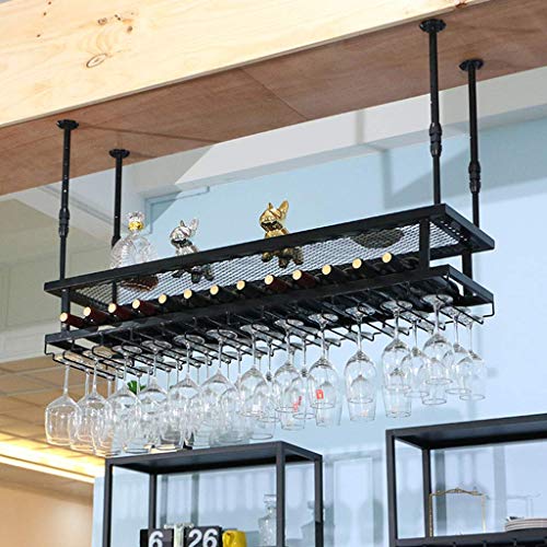 EYLINK Wine Racks,Cafe Hanging with Glass Holder and Shelf, Adjustable Metal Ceiling Bar Wine Glass Rack, 2-Layer Industrial Iron Bottle Holder W