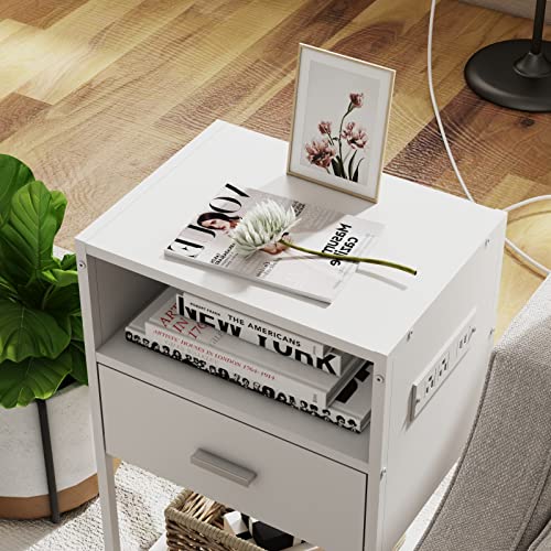 LDTTCUK Nightstand Set of 2 with Charging Station, Modern End Table with Drawer, White Bedside Table with Open Storage for Bedroom
