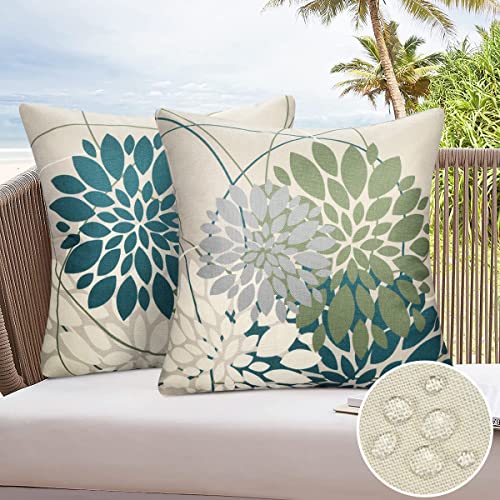 Cushion Covers 40CM X 40CM Blue Green Flower Pattern Pillow Cover Grey Cushions Summer Spring Waterproof Cushions Pillow Case 16X16 Decorative Co