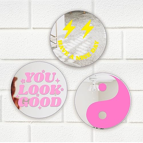 Mirrors for Wall - Preppy Acrylic Round Mirror Pink Aesthetic Wall Decor Art for Teen Girls Hanging Bedroom Bathroom Livingroom Set of 3Pcs