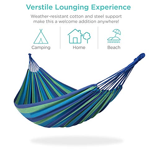 Best Choice Products 2-Person Indoor Outdoor Brazilian-Style Cotton Double Hammock Bed w/Portable Carrying Bag - Blue