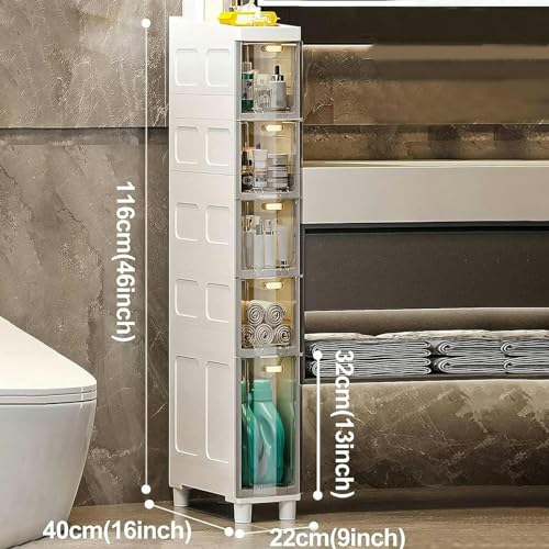 Slim Bathroom Cabinet Storage, Large Capacity Slim Toilet Paper Storage Cabinet with Clear Plastic Drawers Casters Narrow Tall Slim Floor Cabinet
