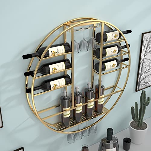 EYLINK Wall Hanging Wine Rack Gold Wrought Iron Glass Goblet Holder Round Wine Bottle Storage Display Shelf ,for Home Wine Cabinet Bar Dining Roo