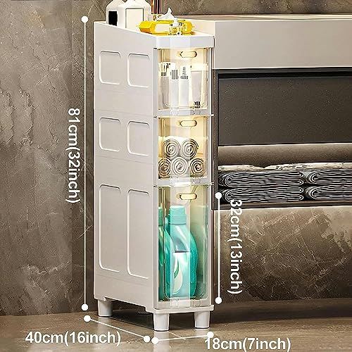 OPSREY Slim Bathroom Cabinet Storage, Large Capacity Slim Toilet Paper Storage Cabinet with Clear Plastic Drawers Casters Narrow Tall Slim Floor