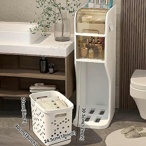 OPSREY 4 Tier Bathroom Floor Cabinet Laundry Hamper Cabinet, Slim Toilet Paper Storage Cabinet with Basket and Clear Drawers Narrow Tall Floor Ca