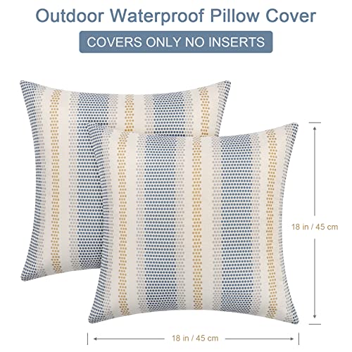 Dremisland Outdoor Waterproof Throw Cushion Covers Set of 2 Blue Yellow Stripe Pillowcases Decorative Farmhouse Water Resistant Pillow Covers for