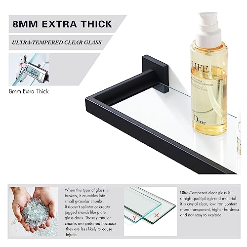 BUVELOT Bathroom Glass Shelf,Rectangular Glass Shower Shelf Black Wall Mounted,Tempered Safety Ultra Clear Glass Shelf 8mm Thickness, Matte Black