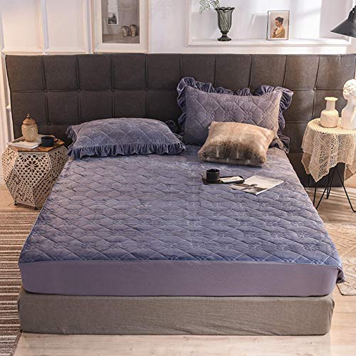 King Sheets Set,Thick Warm Winter Crystal Velvet Mattress Protection Cover, Bedroom Quilted Solid Color Non Slip Mattress Topper Bed Cover Dark B
