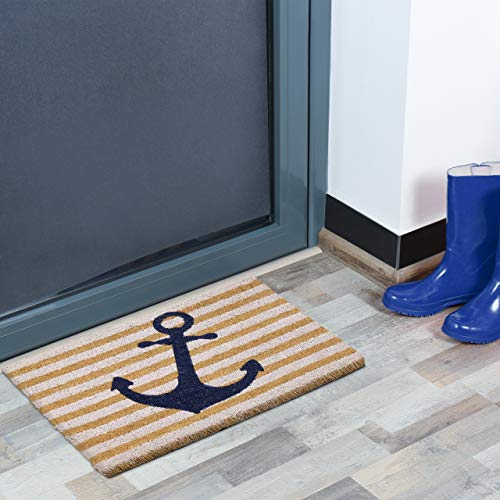 Relaxdays Striped Anchor Welcome Doormat Coir, 40 x 60 cm, Door Mat Inside & Outside, Non-Slip Shoe Wiper, Multicoloured