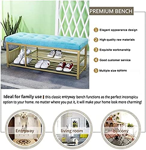 Luxurious Entryway Bench Shoe Rack Bench,Comfy Shoe Bench Velvet Upholstered Bench Seat,Modern Entry,Blue,60X35X45Cm(24X14X18Inch)