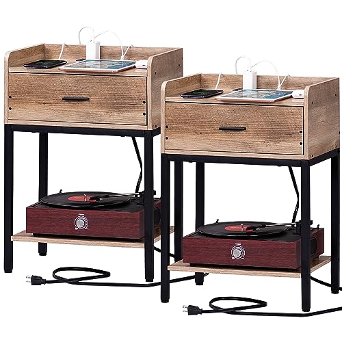 Lerliuo Nightstands Set of 2 with Charging Station and USB Ports, 3-Tier End Side Table with Storage Drawer and Shelf, Modern Bedside Night Stand