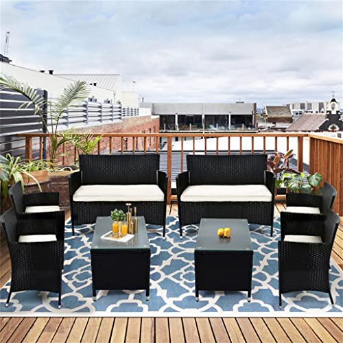 CZDYUF 8 PCS Patio Furniture Outdoor Garden Conversation Wicker Sofa Set, Beige Cushions +Black Wicker