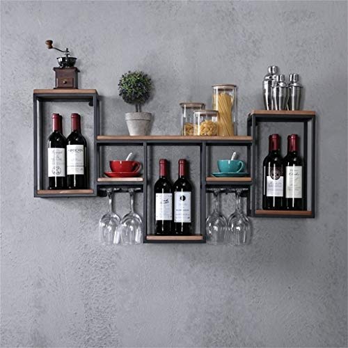 Vintage Wine Rack Wall Mounted Iron and Wood Wine Shelf Wine Glass Holder, Wall Hanging Stemware Goblet Holder Upside Down, Restaurant Home Kitch