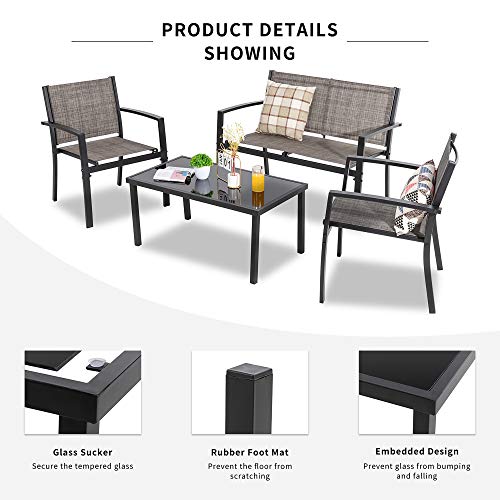 Shintenchi 4 Pieces Patio Furniture Set All Weather Textile Fabric Outdoor Conversation Set, with Glass Coffee Table, Loveseat, 2 Single Chairs f