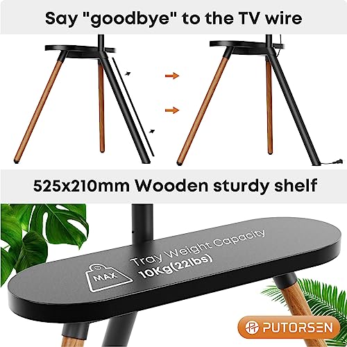 PUTORSEN Easel TV Tripod Stand for 43 to 65 Inch LED LCD Screens, Height Adjustment TV Floor Stand with TV Shelf and Solid Wood Tripod Base, Swiv