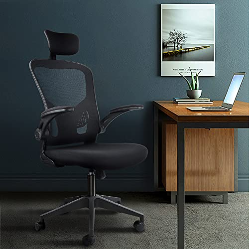 JAJALUYA Office Chair Mesh Computer Chair with Adjustable Headrest and Lumbar Support Desk Chair Ergonomic Office Chair with Flip-up Armrest for