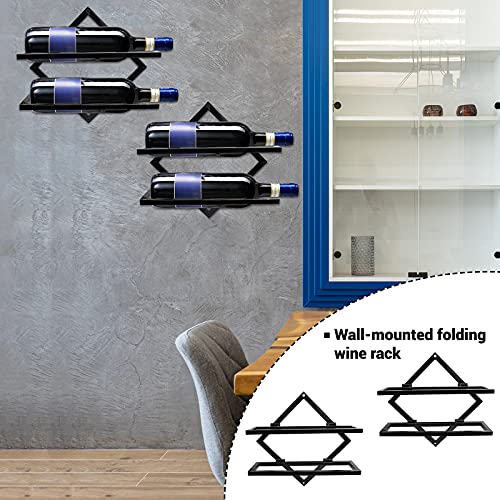 Metal Wall Mounted Wine Holder, Upgrade Foldable Hanging Wall Wine Rack Organizer for 2 Liquor Bottles, Red Wine Bottle Display Hanger with Screw