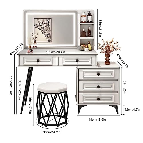 HAWEWE Vanity Desk With Mirror And Lights Makeup Vanity With 3 Lighting Colors Dressing Table With Open Shelves & Storage Drawers For Bedroom (Si