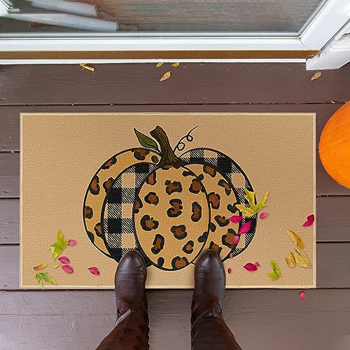 Louise Maelys Fall Door Mat, Welcome Front Door Mat Non Slip, Leopard Print Pumpkin Yard Floor Doormat Thanksgiving Kitchen Entry Switch Outdoor