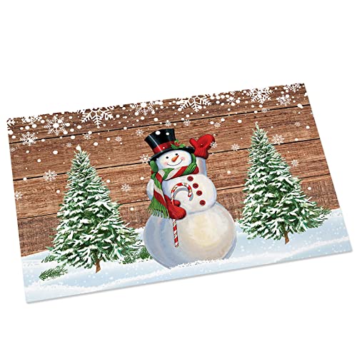 Merry Christmas Doormat Welcome Mat,Snowman Front Door Mat Xmas Tree Doormats,Non Slip Rubber Floor Mat Farm Retro Brown Wood Board Bath Rug for