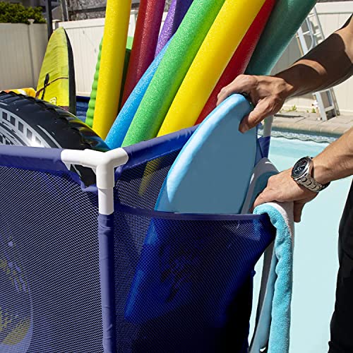 Pool Bins Outdoor Pool Floats, Balls, Toys and Equipment Rolling Mesh Organizer Storage Bin, Large (35" W x 25.4" L x 37.5" H), Blue/White