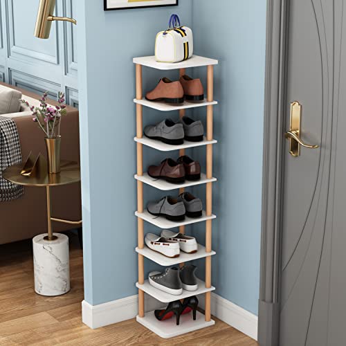 LUCKNOCK 8 Tiers Vertical Narrow Shoe Rack/ Organizer, Stylish Wooden Space Saving Shoe Storage Stand/ Shelf/ Tower Free Standing for Entryway, N