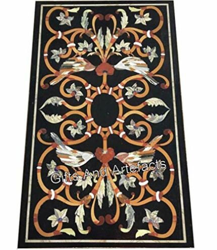 24 x 48 Inches Pietra Dura Art Kitchen Table Top for Home Furniture Rectangle Shape Black Marble Dining Table with Royal Look