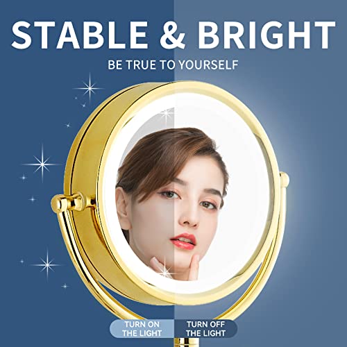 DOWRY Magnifying Mirror with LED Lights 10x Gold Illuminated Shaving Mirror Free Standing Mirror for Dressing Table 360 ° Rotatable Double Sided