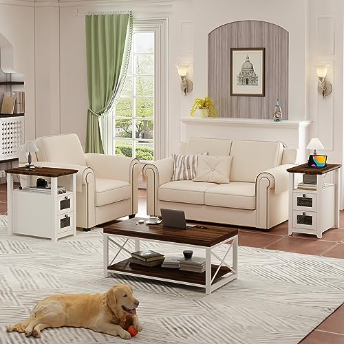 HDDDZSW Farmhouse XXL End Table with Charging Station, Narrow Side Table with USB Ports and Outlets, Nightstand with 2 Drawers Storage, Bedside T