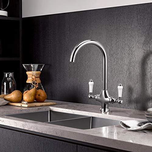 Funime Traditional Kitchen Sink Mixer Tap Elegant Ceramic Dual Lever Monobloc Swivel Spout Chrome, Classic