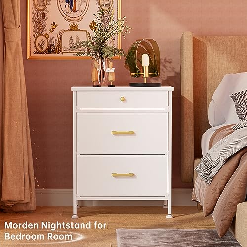 GipGiper Nightstand with 3 Drawers, Dresser for Bedroom, Small Dresser Night Stand with Fabric Bins, Leather Finish, Modern Bedside Table End Sid