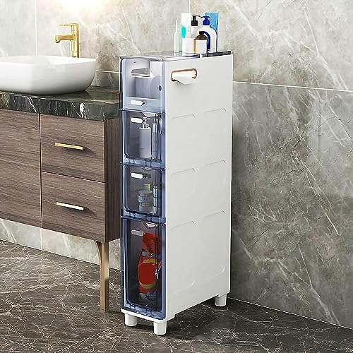 Narrow Bathroom Floor Cabinet, Slim Toilet Storage Cabinet Storage Tower with Clear Drawers and Casters, Sturdy Narrow Dresser Tower for Bathroom