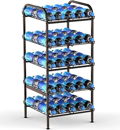 FAGIGY Water Bottle Organizer,5 Tier Vertical Free Standing Storage Rack, Large Capacity Stackable Can Storage Dispenser for Kitchen Cabinet or P