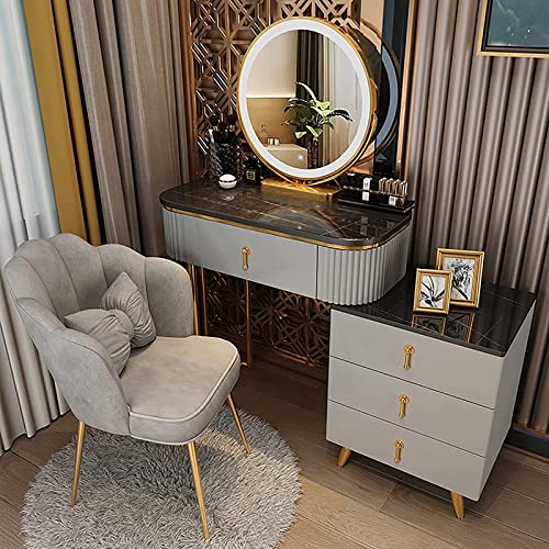 GORKEM Dressing table with LED 3-color lighted mirror Lighted dressing table and sideboard with 3 drawers Ladies and girls dressing table with ot
