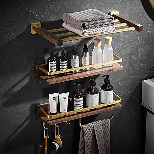 SMLJLQ Solid Wood Walnut Towel Rack Bathroom Towel Rack Bathroom Shelf Brushed Gold Bathroom Hanging Rod Wall Hanging Set