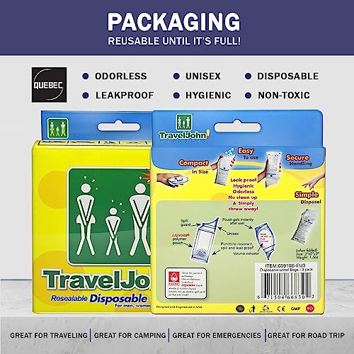 Quebec - TravelJohn Disposable Urinal Bag – Odourless, Hygienic & Non-Toxic - Emergency Portable Toilet for Men/Women & Kids - Perfect Companion