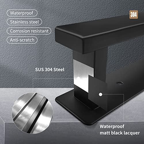 Mairhie Towel Rail & 2 Towel Hooks, Matt Black Self Adhesive Towel Rail, 16 Inch Wall Mounted Towel Bar, Waterproof Towel Hangers for Bathroom, S