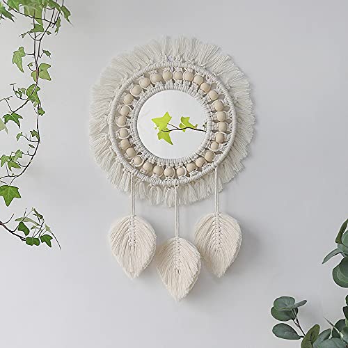 Tiardey Hanging Wall Mirror with Boho Fringe Round Decorative Mirror for Apartment Living Room Bedroom Home Decor-Leaf style