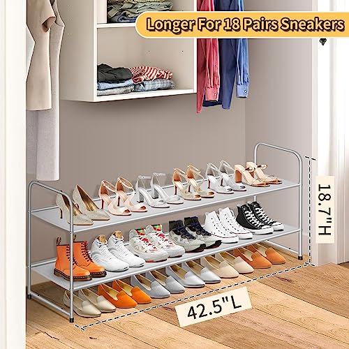 SLEEPING LAMB 2-Tier Long Shoe Rack organizer for Closet, Stackable Wide Shoe Shelf Holds 18-Pairs Low Shoe Storage for Bedroom, Floor, Entryway